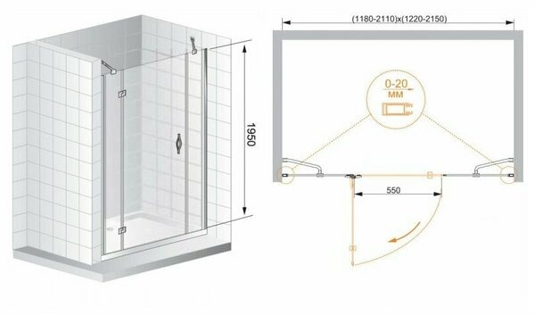 Душевая дверь (195х195) CEZARES BERGAMO BERGAMO-W-B-13-100+60/40-C-Cr-L